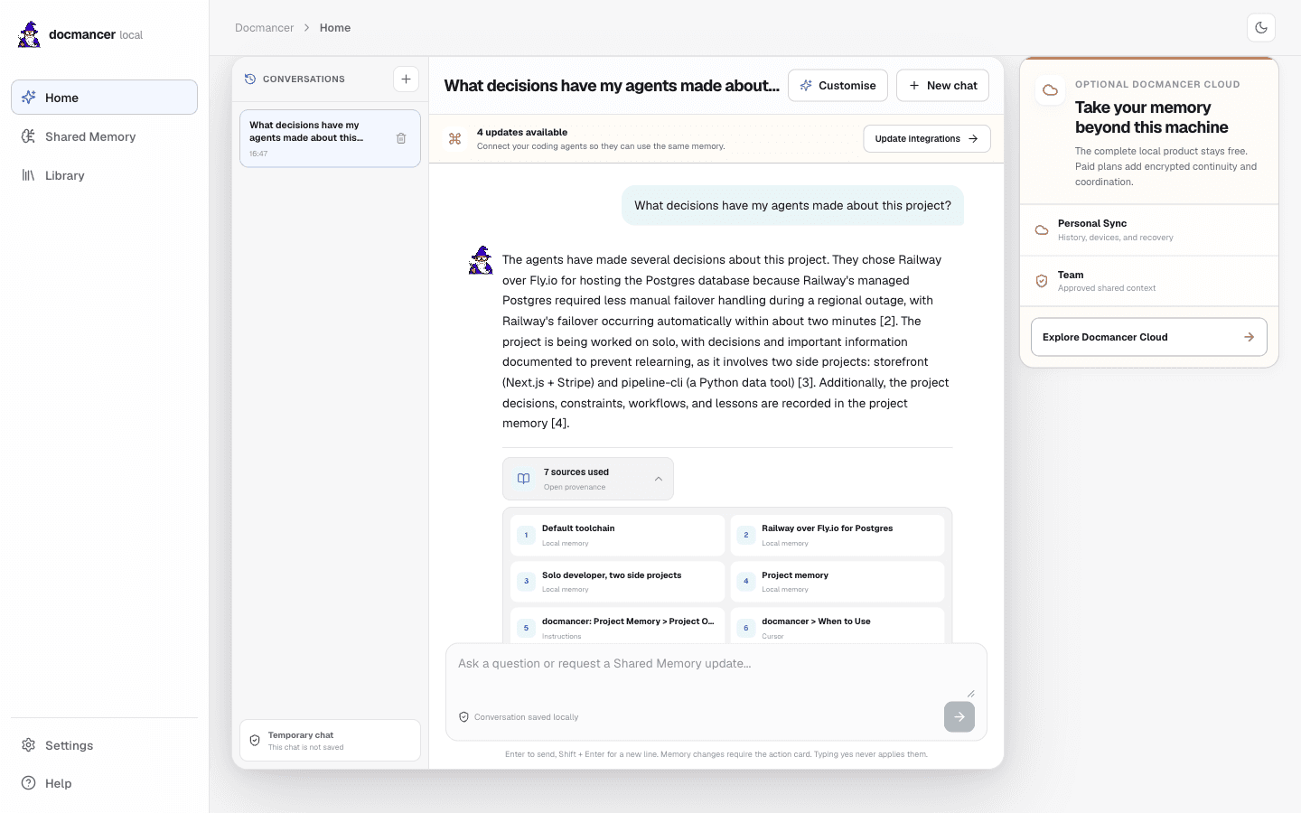 Docmancer Ask page showing a grounded answer with source attribution