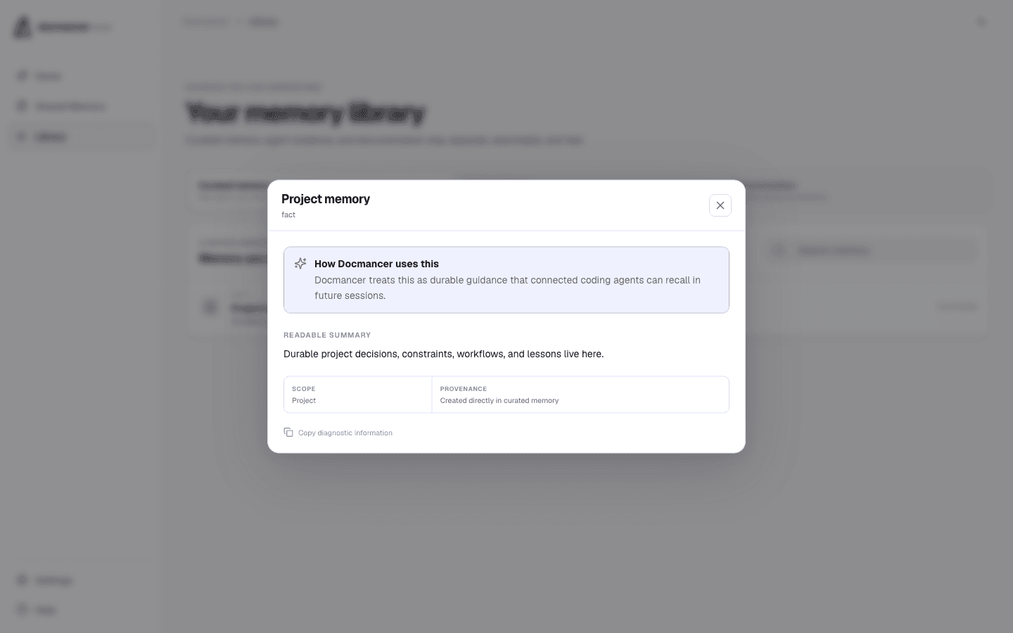Docmancer Library showing a newly written memory record with its provenance