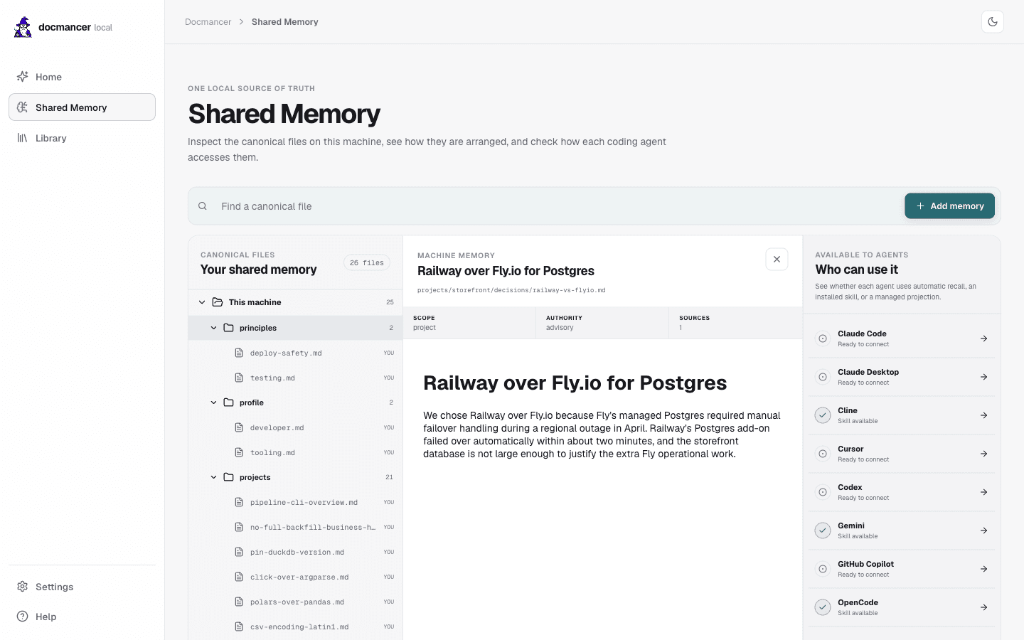 Docmancer Shared Memory page showing machine and project Markdown files in an opinionated folder tree